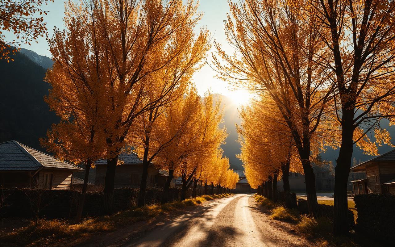 Golden poplar trees lining a Hunza village lane in autumn.