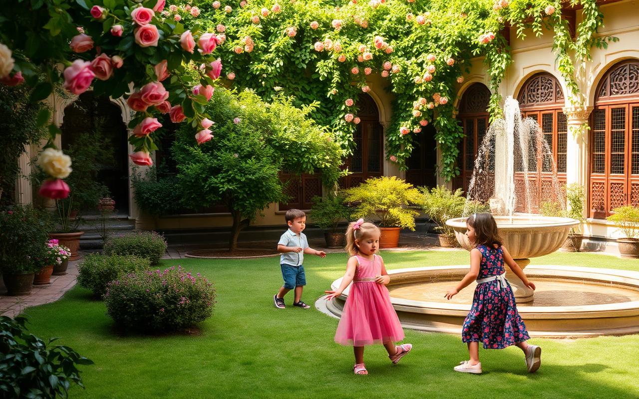 A family at a Lahore courtyard hotel garden.