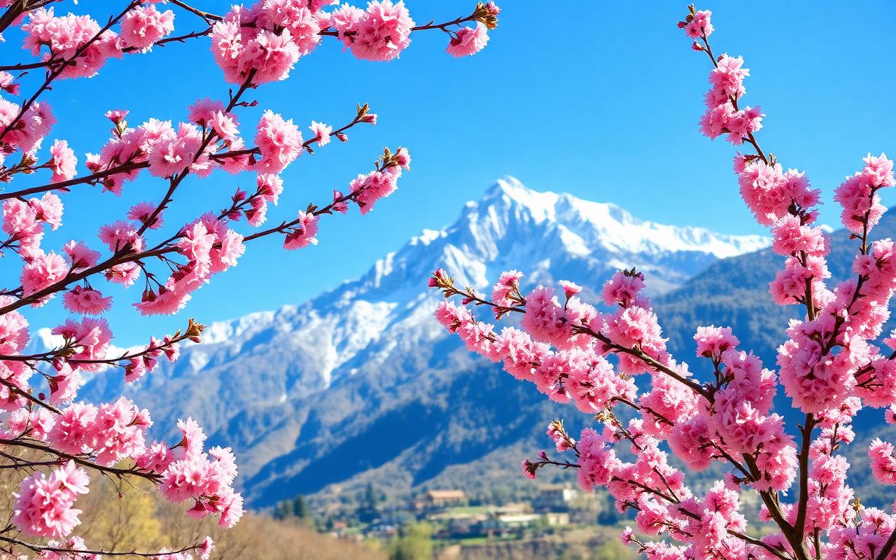 Cherry blossom over the Hunza valley with snow on Ultar Sar.