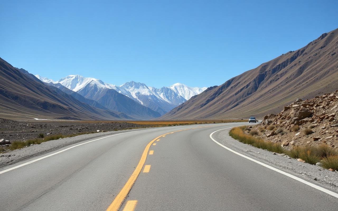 A quiet road in the Hunza valley with snow peaks in the distance.