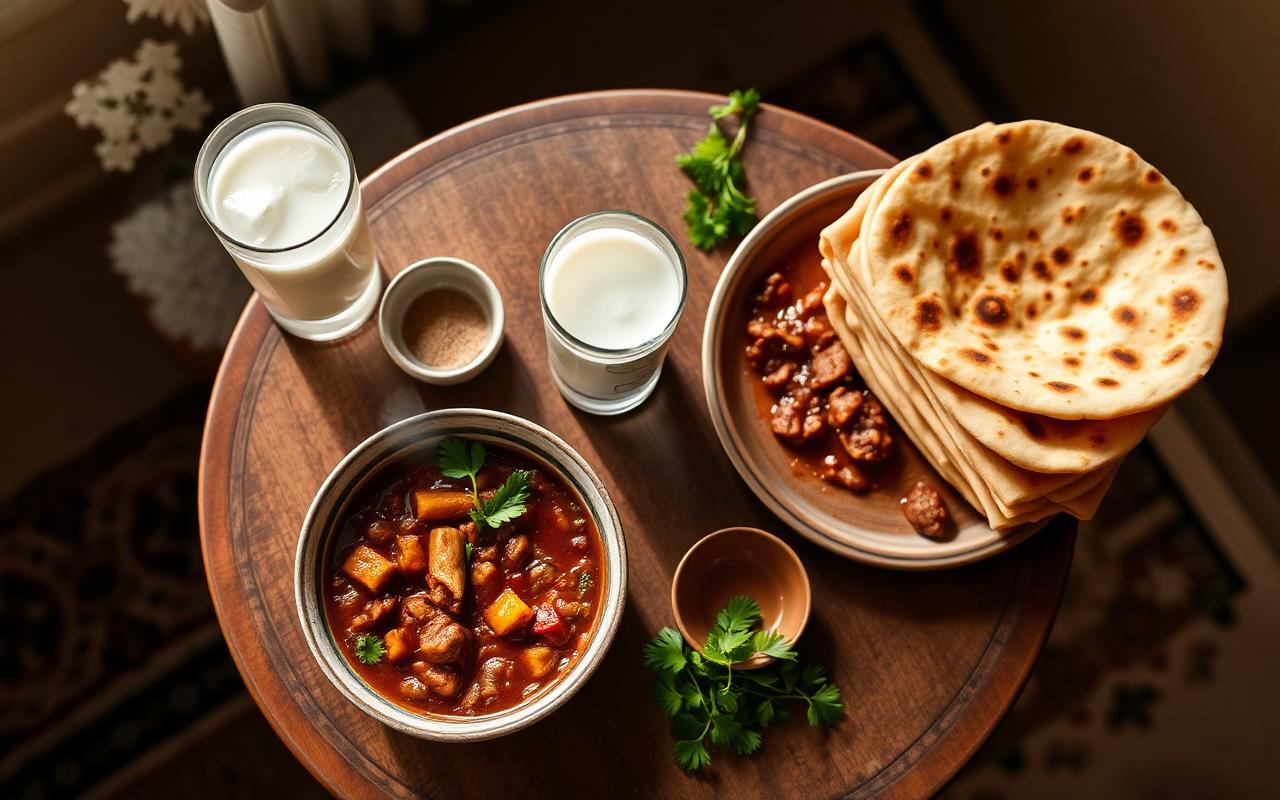 A Lahori breakfast spread with nihari, naan and lassi.
