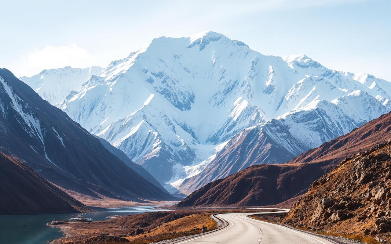 The Karakoram Highway winding under Rakaposhi.