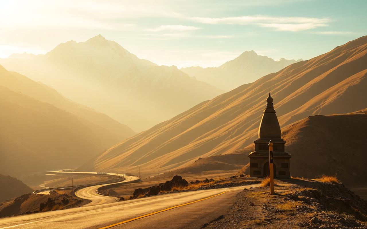 The Karakoram Highway curving below snow peaks, northern Pakistan.