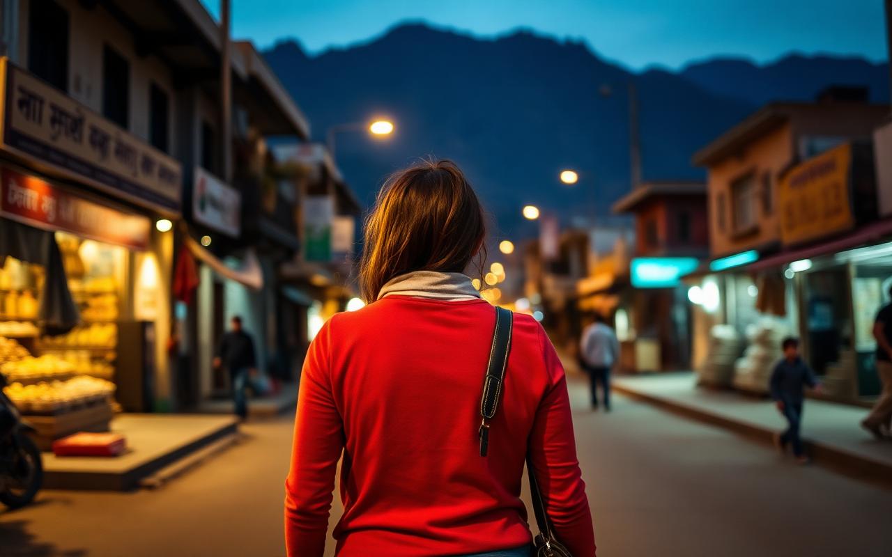A solo female traveller walking through Karimabad bazaar at dusk.