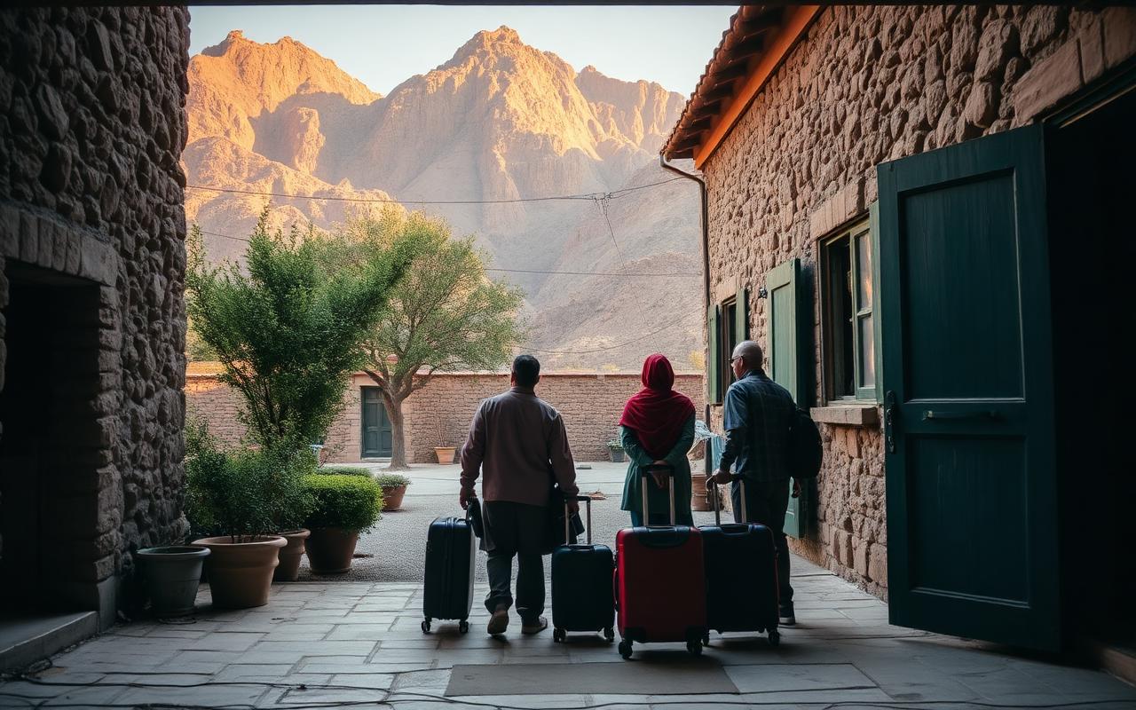 A family arriving at a Karimabad guesthouse with mountain views.