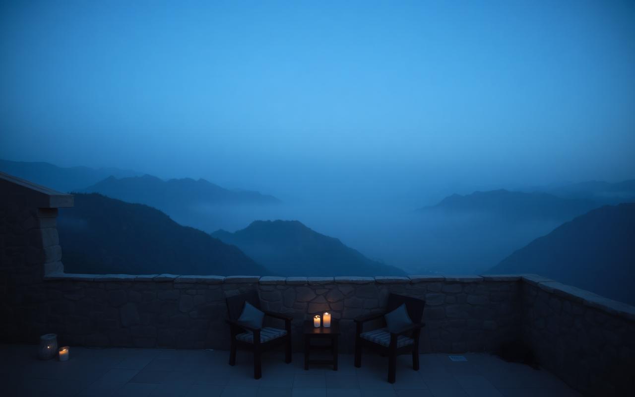 Quiet courtyard above the Hunza valley at dusk.