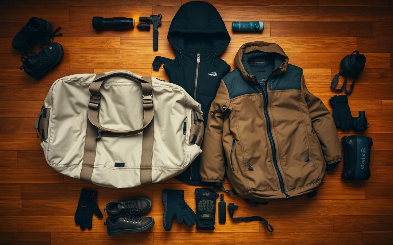 A duffel and trekking pack laid out for a Karakoram trip.